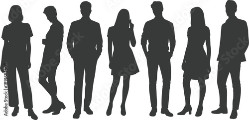 Silhouettes of diverse young adults standing together in casual and modern fashion, representing lifestyle, individuality, confidence, and contemporary urban style in a minimalist environment.