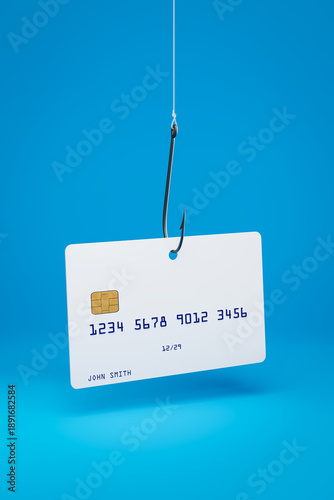 Phishing concept. A fictitious credit card with fantasy number 1234... and no branding on a fishing hook hovering over a blue background.
