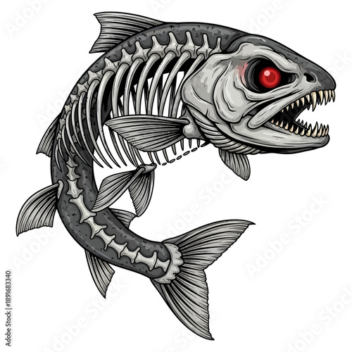 trout skeleton fish with glowing red eyes and sharp teeth on white background