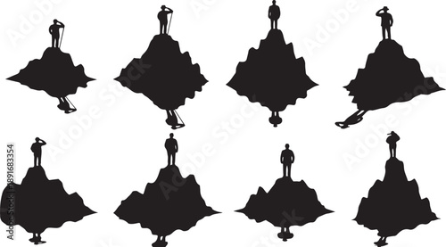 Silhouettes of people standing on mountain peaks in various poses
