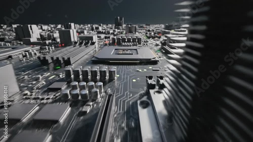 Sweeping low aerial perspective shot flying over the immense landscape of a vast gray server motherboard treating processors and resistors as city structures aerial, landscape, technology