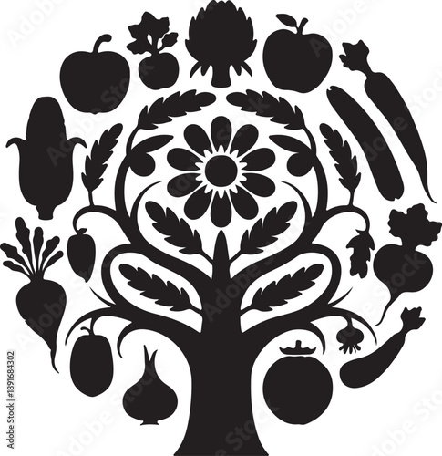 Fruit and vegetable tree silhouette symbol for healthy diet and organic nutrition