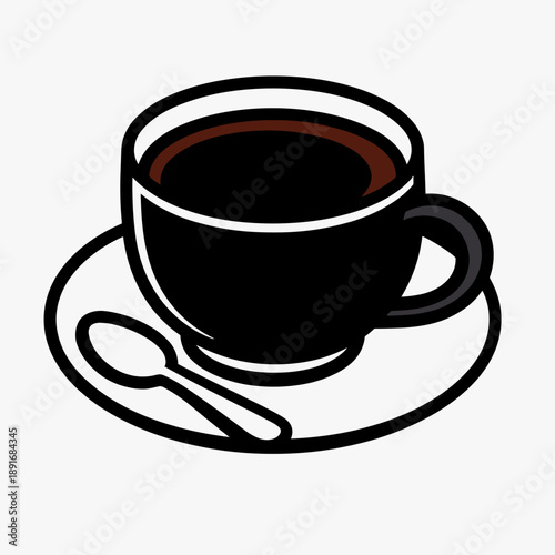 Minimal black coffee cup on saucer, spoon beside, simple cafe symbol for menus and branding