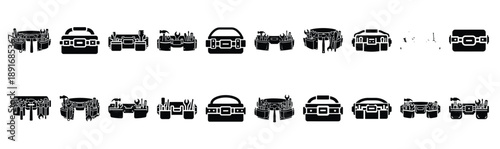 Set of various black silhouette tool belt isolated on white background.
