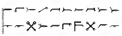 Set of various black silhouette tire iron isolated on white background.