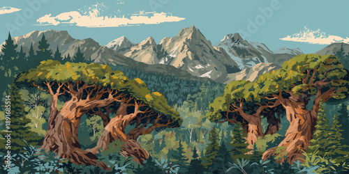 A panoramic summer sunset illuminates the snow-capped Alpine peaks and lush green forest valleys of a high mountain landscape featuring a serene lake and clouds over the trees