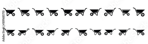Set of various black silhouette wheelbarrow isolated on white background.