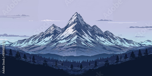 An alpine winter landscape of snow covered mountains in Mount Cook National Park features a high icy peak rising into the cold sky above the rugged rock and forest scenery of the New Zealand Alps