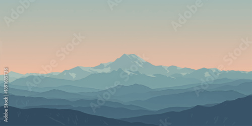 Misty mountain peaks rise above a fog-covered valley at dawn, showcasing a breathtaking landscape of forest hills under a soft blue sunrise sky