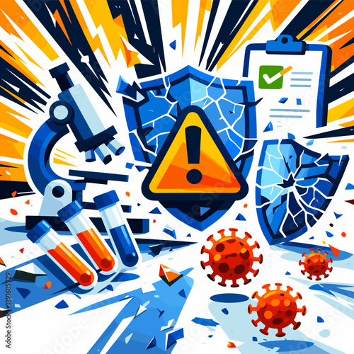 Lab Outbreak Alert Icon Set, Microscope Tubes, Warning Shield Crack and Virus Particles