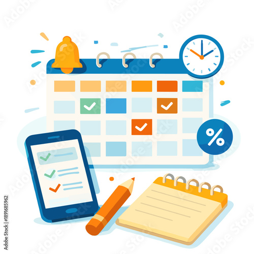 Reminder Calendar Dashboard, Bell Alert, Clock Widget, Percent Badge and Checklist Phone Set