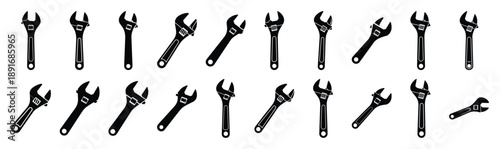 Set of various black silhouette adjustable wrench isolated on white background.