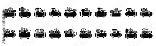 Set of various black silhouette air compressor isolated on white background.