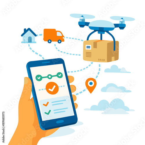 Smartphone app tracking drone delivery parcel, logistics route icons for fast ecommerce shipping