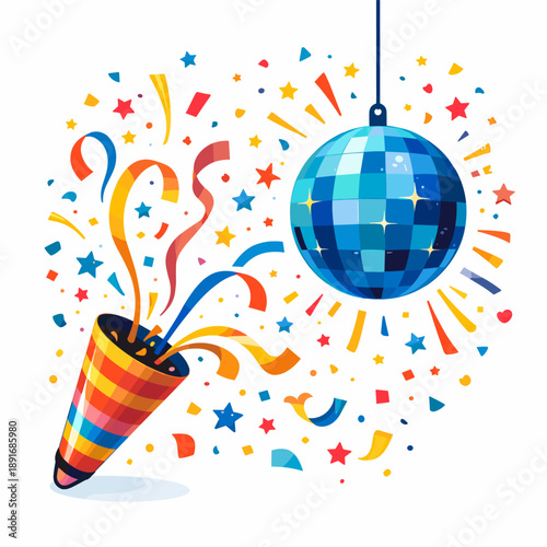Disco ball hanging near party popper, vibrant confetti streamers for dance night celebration
