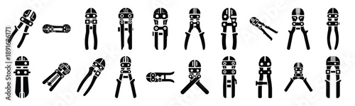 Set of various black silhouette bolt cutter isolated on white background.