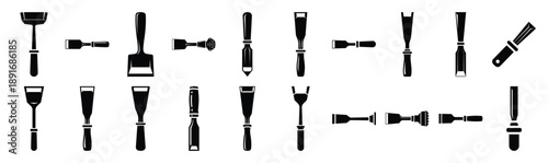 Set of various black silhouette brick chisel isolated on white background.