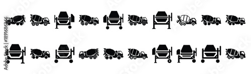 Set of various black silhouette cement mixer isolated on white background.