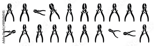 Set of various black silhouette crimping pliers isolated on white background.