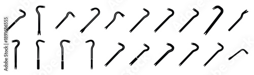 Set of various black silhouette crowbar isolated on white background.