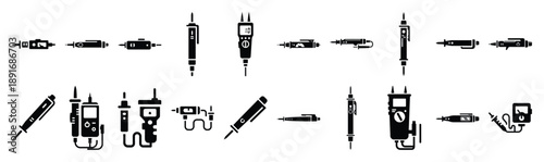 Set of various black silhouette electrical tester isolated on white background.