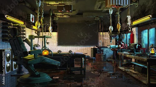 Abandoned laboratory with medical equipment and broken blackboard