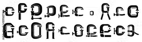 Set of various black silhouette hand clamp isolated on white background.