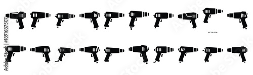 Set of various black silhouette heat gun isolated on white background.