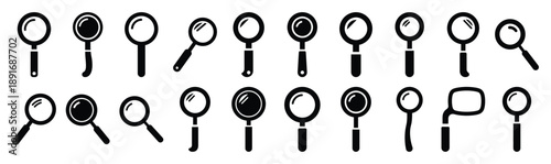 Set of various black silhouette inspection mirror isolated on white background.