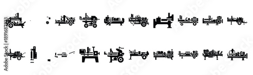 Set of various black silhouette log splitter isolated on white background.