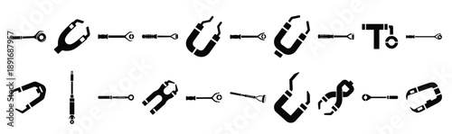 Set of various black silhouette magnetic pickup tool isolated on white background.