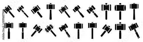 Set of various black silhouette mallet isolated on white background.