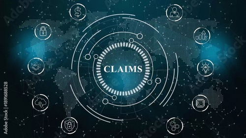 Bilde på lerret A Claims Business concept on a futuristic ,Blue holographic advanced HUD circle platform glowing dots digital luxurious wave particles