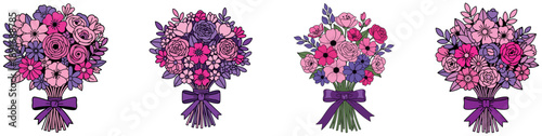 Photos Four beautiful floral bouquets with purple ribbons on white background