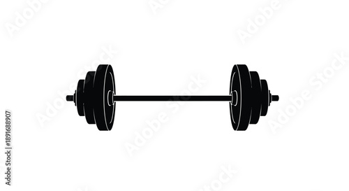 A black barbell with weights is placed on a white background.