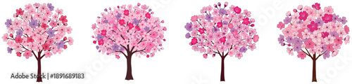 Konstfotografi Four pink flowering trees with colorful blossoms on white background
