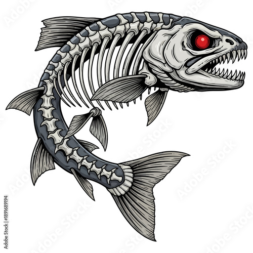 trout skeleton fish with glowing red eyes and sharp teeth on white background