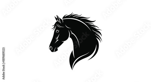 A stylized silhouette of a black horse's head is displayed against a white background.