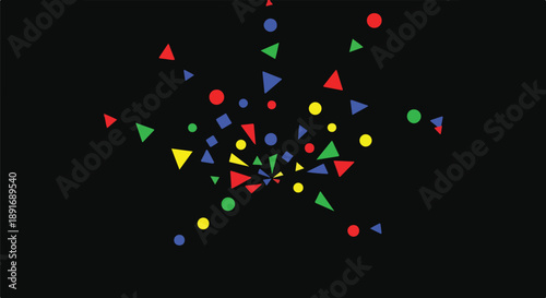 Vibrant abstract explosion of colorful geometric shapes including circles, triangles, and squares, radiating outwards on a dark black background.