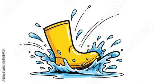 A yellow rain boot splashes through puddles of water.