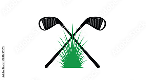 Two crossed golf clubs rest in a patch of green grass.