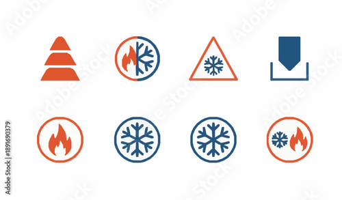 Minimal hot and cold icon set with flame and snowflake for control systems