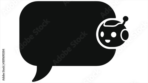 AI chatbot message bubble with cute robot icon, artificial intelligence assistant support concept, minimal black and white vector illustration for chat, customer service, UI app