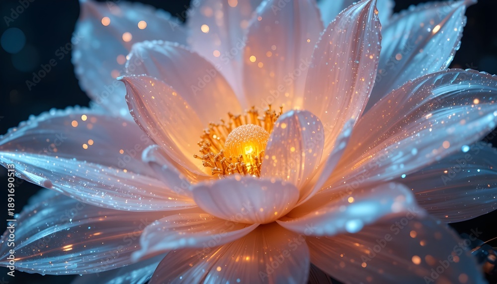 Fototapeta premium A luxurious fantasy flower with crystal-clear translucent petals, reflecting soft hues of blush pink, icy blue, and pearl white. Each petal sparkles like fine glass under elegant studio lighting. A g