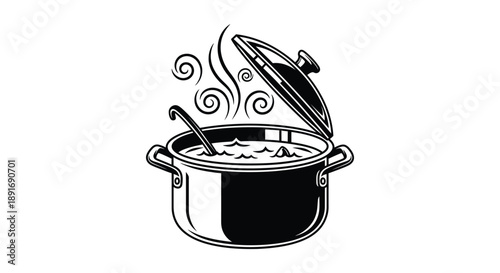 A steaming pot of soup with a ladle is being prepared for a meal.