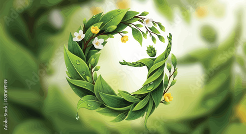 Artistic representation of the letter g formed by lush green leaves and small blossoming flowers creating a natural circular design symbolizing ecology and vital growth in the springtime