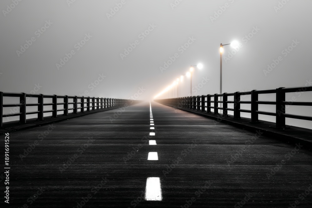 Obraz premium Ethereal Bridge Fading Away into Dense Fog with Glowing Lights