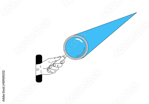 Hand holding magnifying glass over black cylinder