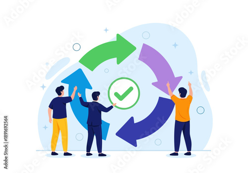 Vector illustration of three people working together with arrows and a checkmark