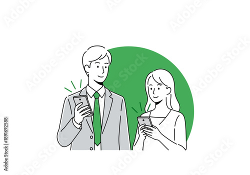 Man and woman looking at smartphones with green background illustration